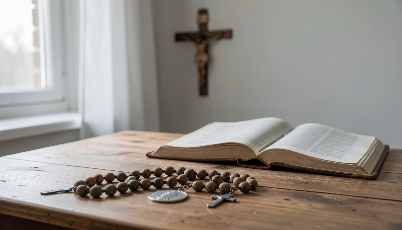 A wooden table in soft window light holds an old rosary with worn beads, a small silver medal, and an open missal, with a carved crucifix on the wall behind.